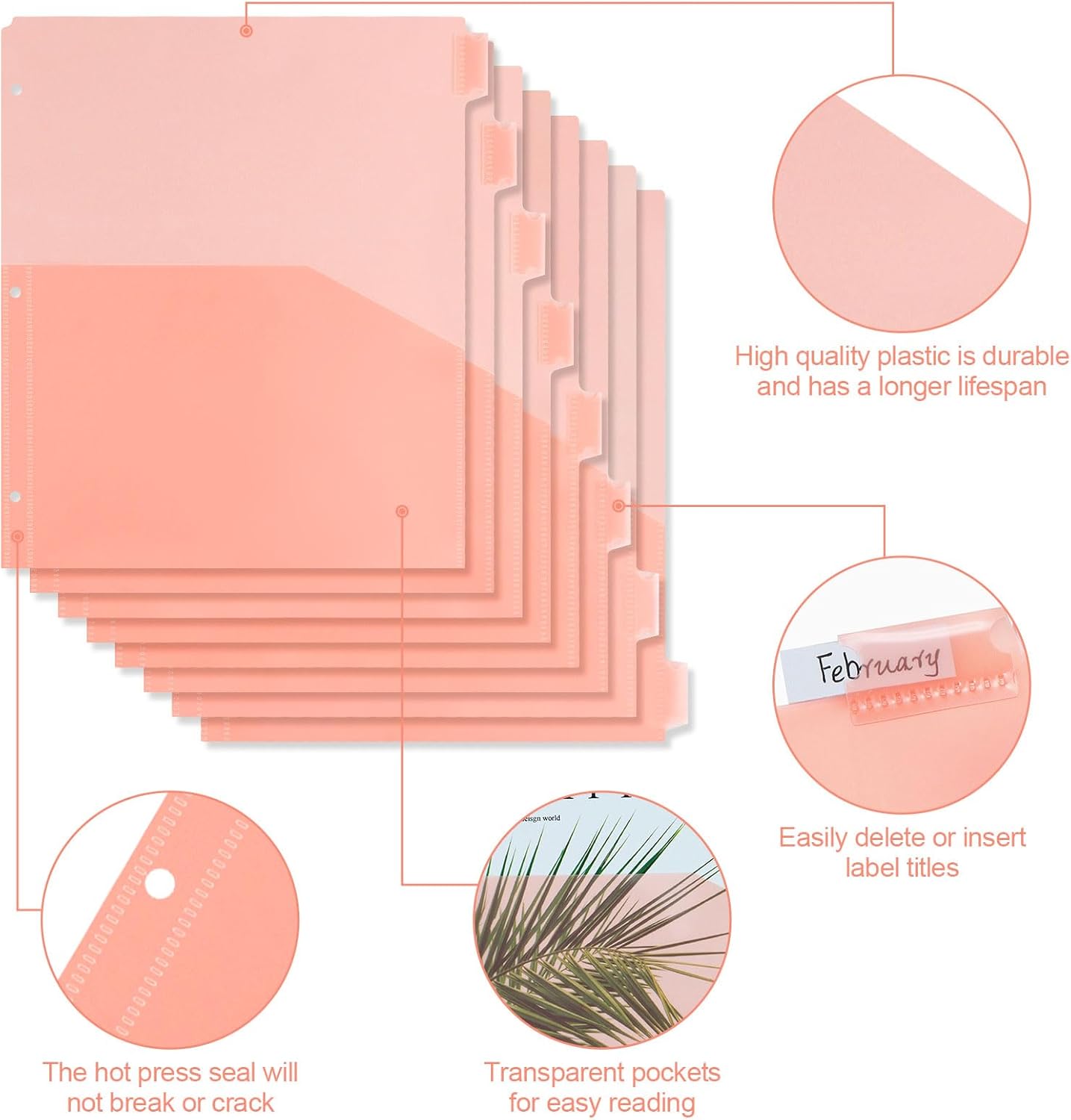 Koqye A4 Dividers for 3 Ring Binder, 8-Tab Purple Folder Dividers with Pockets, Durable Plastic Binder Dividers with Tabs, Plastic Binder Dividers for School & Office Supplies (Orange - 3 Sets)