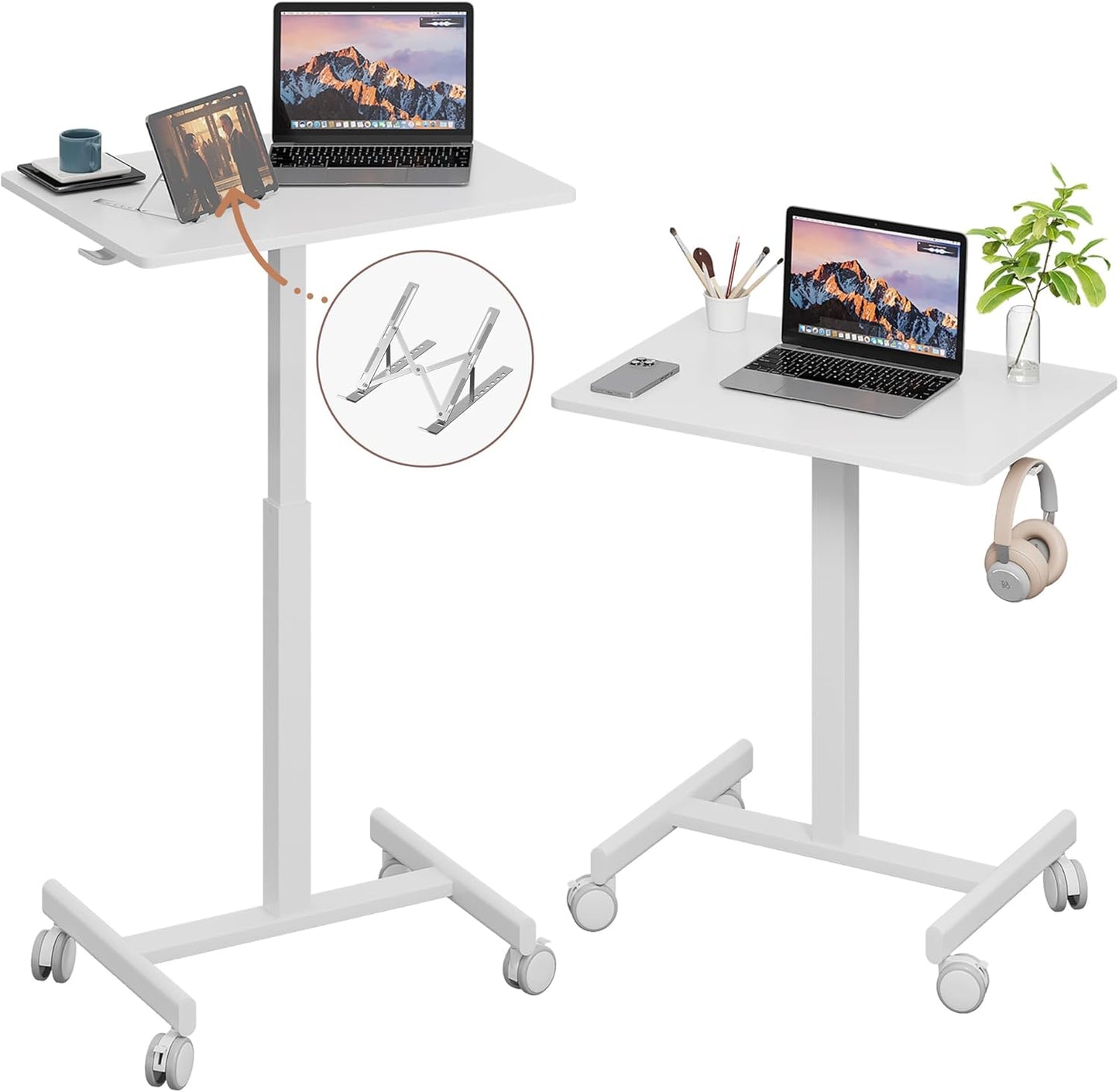 Mobile Small Standing Desk, Gas Spring Adjustable Height Rolling Portable Laptop Desk with Lockable Wheels, Computer Workstation, Rolling Podium (White, 17.8 * 25.5)