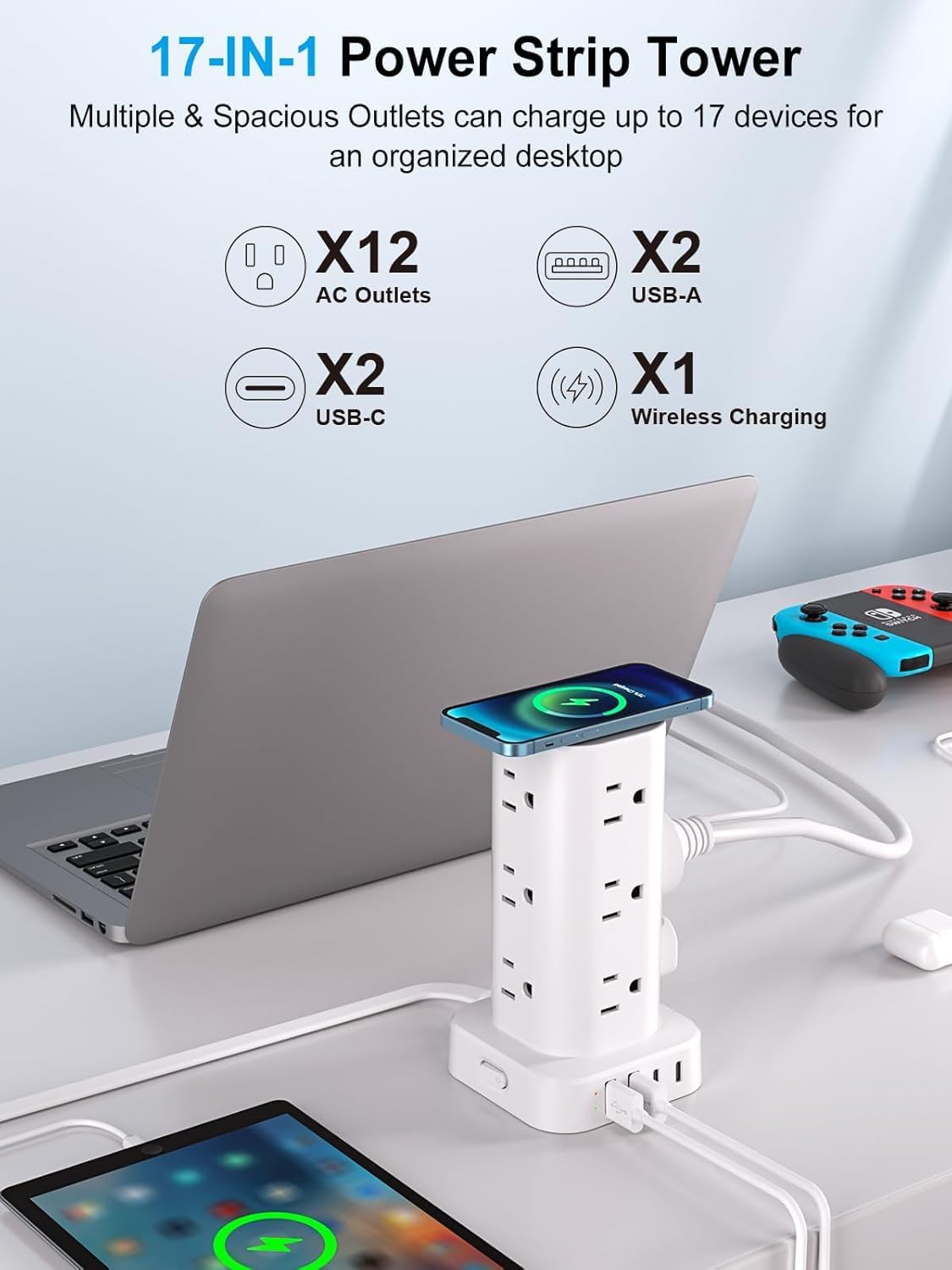 Power Strip Tower with Wireless Charger, Flat Plug Surge Protector Tower with 15FT Extension Cord, 12 AC Multiple Outlets, 4 USB (2 USB C),15W Wireless Charging Power Tower for Home Office Dorm,White