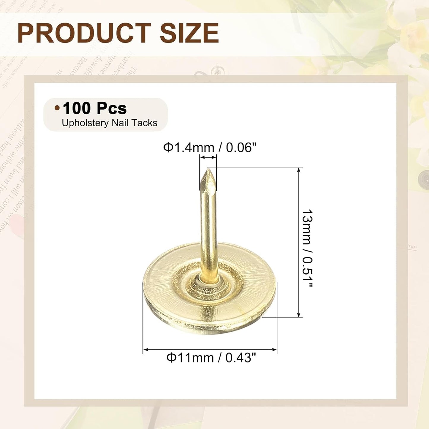 uxcell 100Pcs Upholstery Tacks, 11mmx13mm Flat Head Thumb Tack Decorative Furniture Nails Push Pins for Furniture Sofa Headboards, Gold