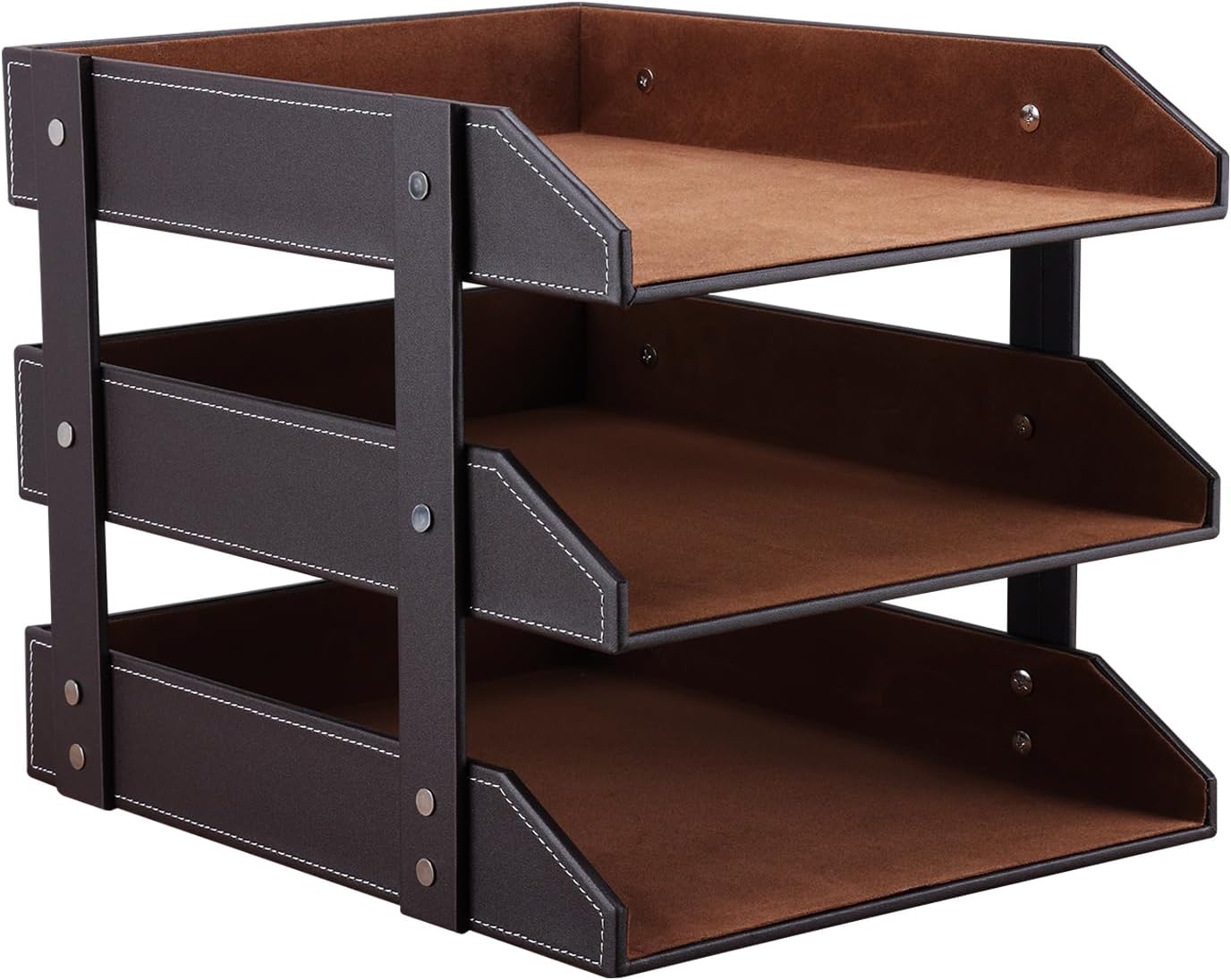 KINGFOM Letter Tray, Leather Paper Organizer Tray, Wooden Desk File Holder, Desktop File, Stackable Magazine Holder, Mail Sorter, Great for Home or Office - 3 Level Brown