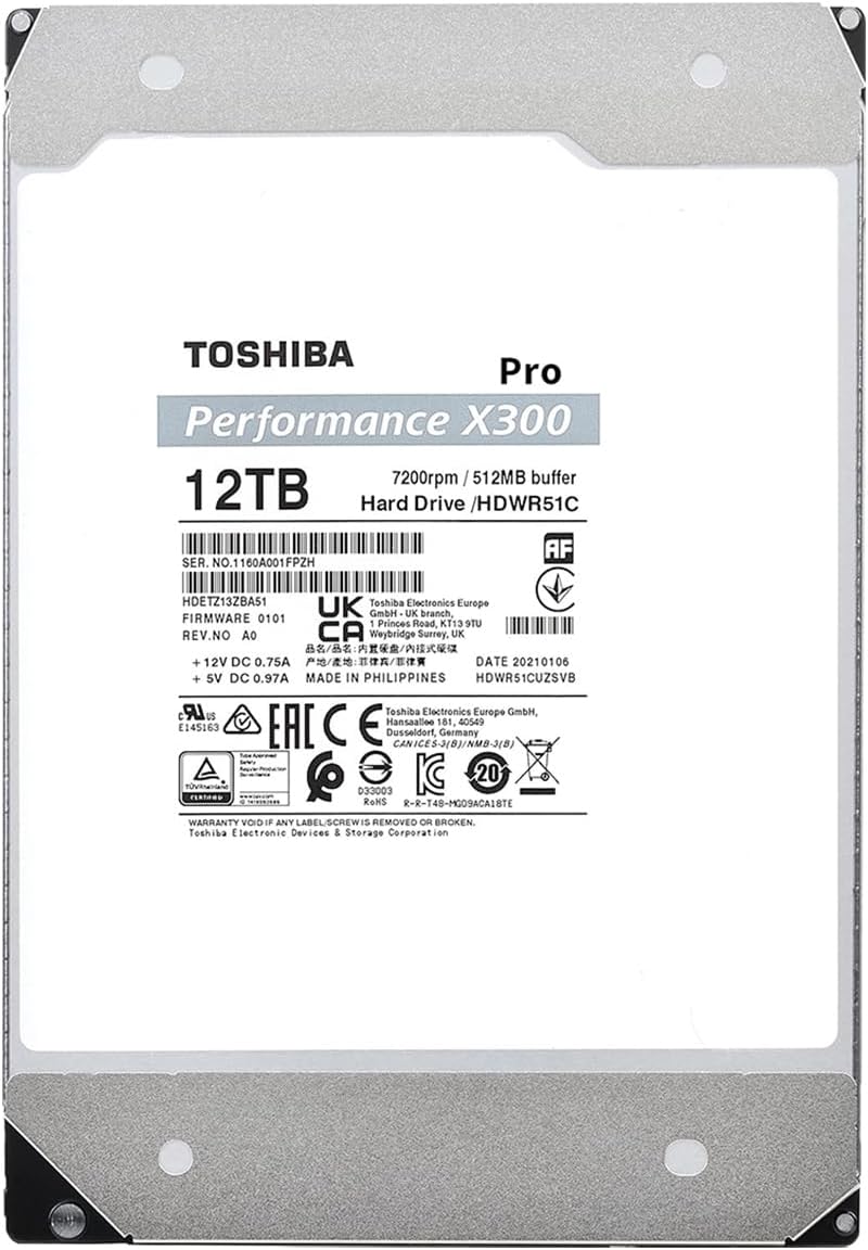 Toshiba X300 PRO 12TB High Workload Performance for Creative Professionals 3.5-Inch Internal Hard Drive – Up to 300 TB/Year Workload Rate CMR SATA 6 GB/s 7200 RPM 512 MB Cache - HDWR51CXZSTB
