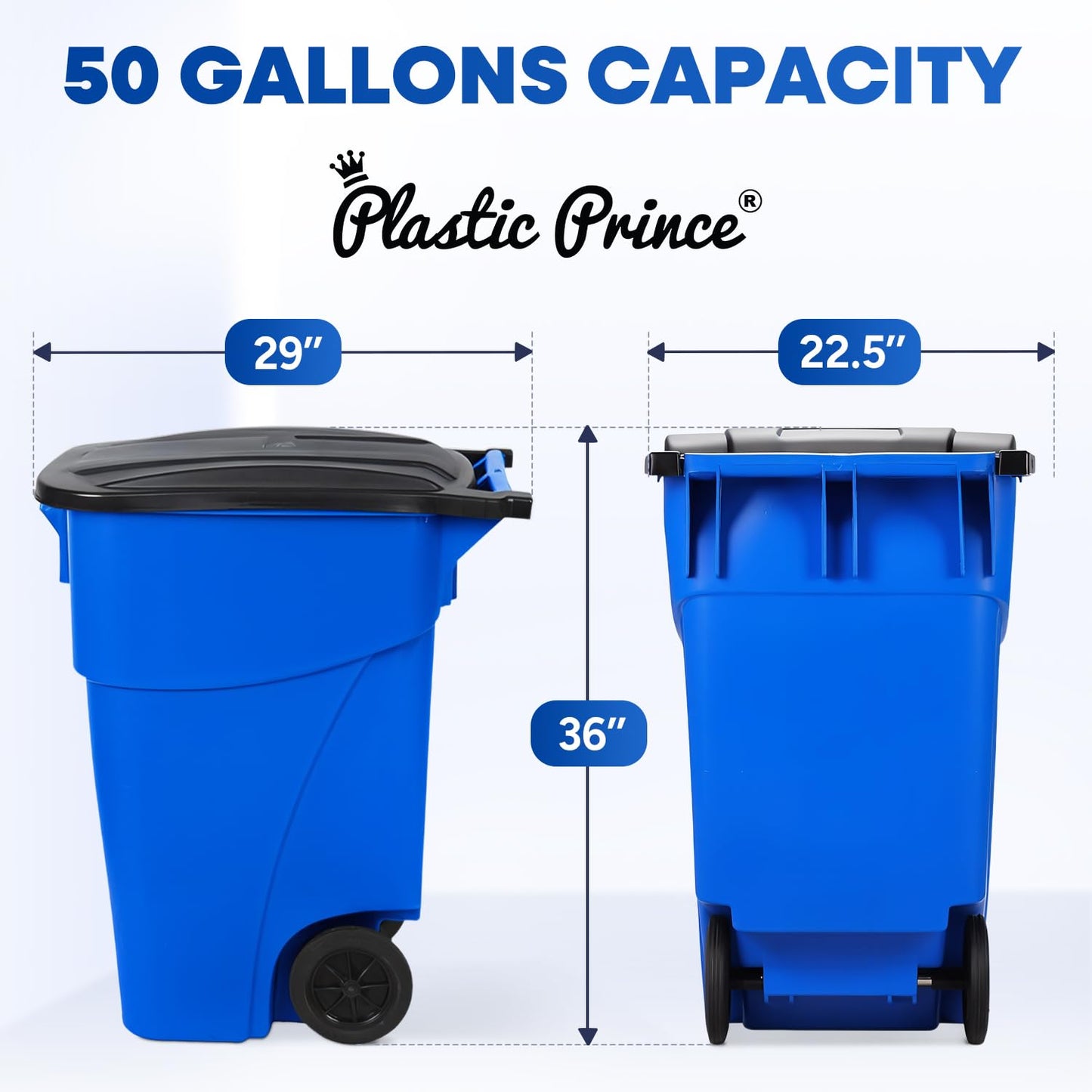 50-Gallon Recycle Rollout Trash Can with Lid, Commercial Heavy-Duty Container with Wheels, Blue