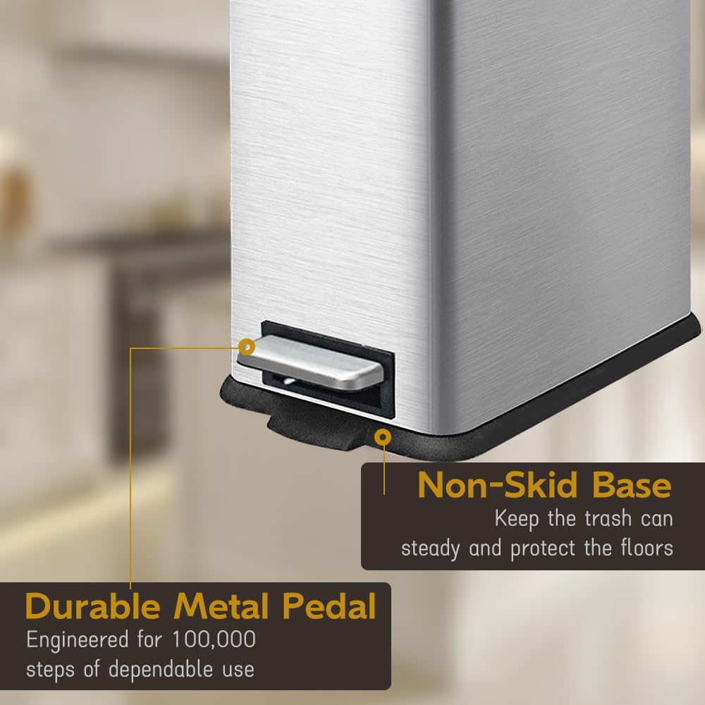 Bathroom Trash Can, 10 Liter / 2.6 Gallon Stainless Steel Garbage Can with Removable Inner Bucket, Soft Close Lid Step Trash Bin for Bedroom, Office, Kitchen, Brushed Silver