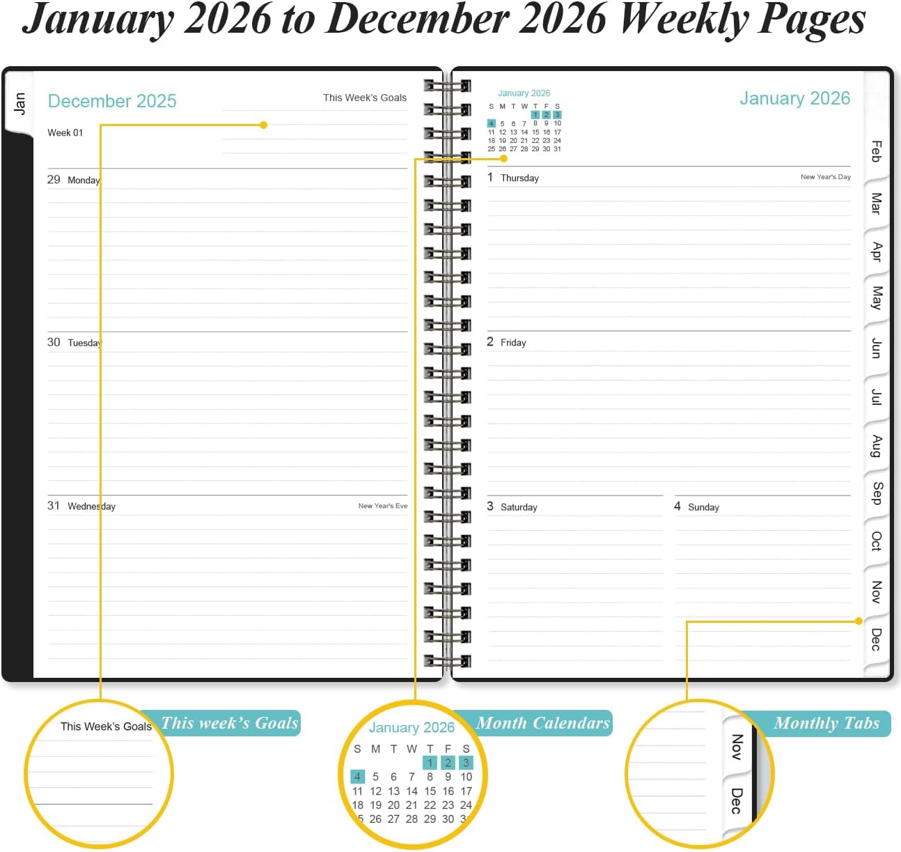 Planner 2026 - A5 Weekly & Monthly Planner Spiral Bound, January 2026 - December 2026, with Flexible Cover, Tabs, Inner Pocket, 6.4" x 8.5", Black