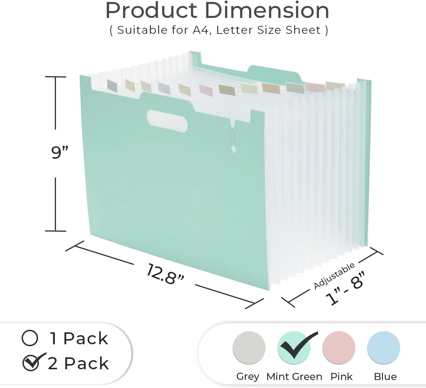 Y YOMA 2 Pack Accordion File Organizer with Handle 12 Pockets Expanding File Folder with Removable Tabs for A4 Letter Size Paper Portable Plastic Filing Organizer Bill Receipt Holder, Mint Green