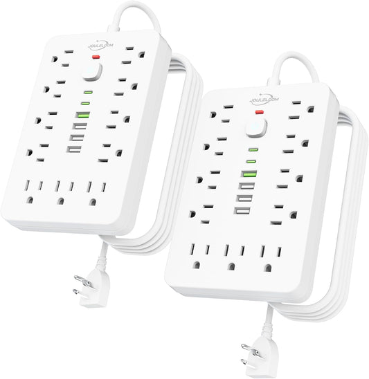 2 Pack 6 FT Flat Plug Surge Protector Power Strip,11 Multiple AC Outlets with 6 USB Ports (2 USB C), 6 Feet Extension Cord, 1250W/10A, One Touch Switch Button, 17 in 1 Compact powerstrip