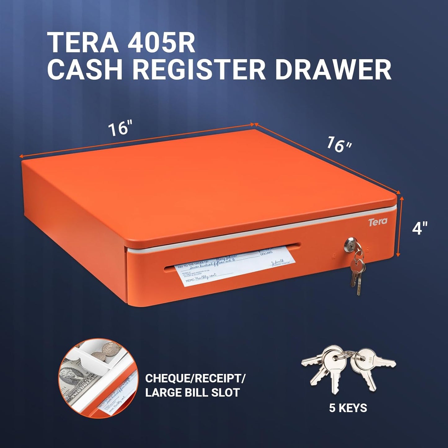 Tera 16 inch Cash Drawer: with Micro Switch Auto Open Heavy Duty Insert Tray 5 Bill 8 Coin for POS System Removable Cash Tray Media Slot 24V RJ12 Key-Lock (Round Corner) for Retail 405R Orange