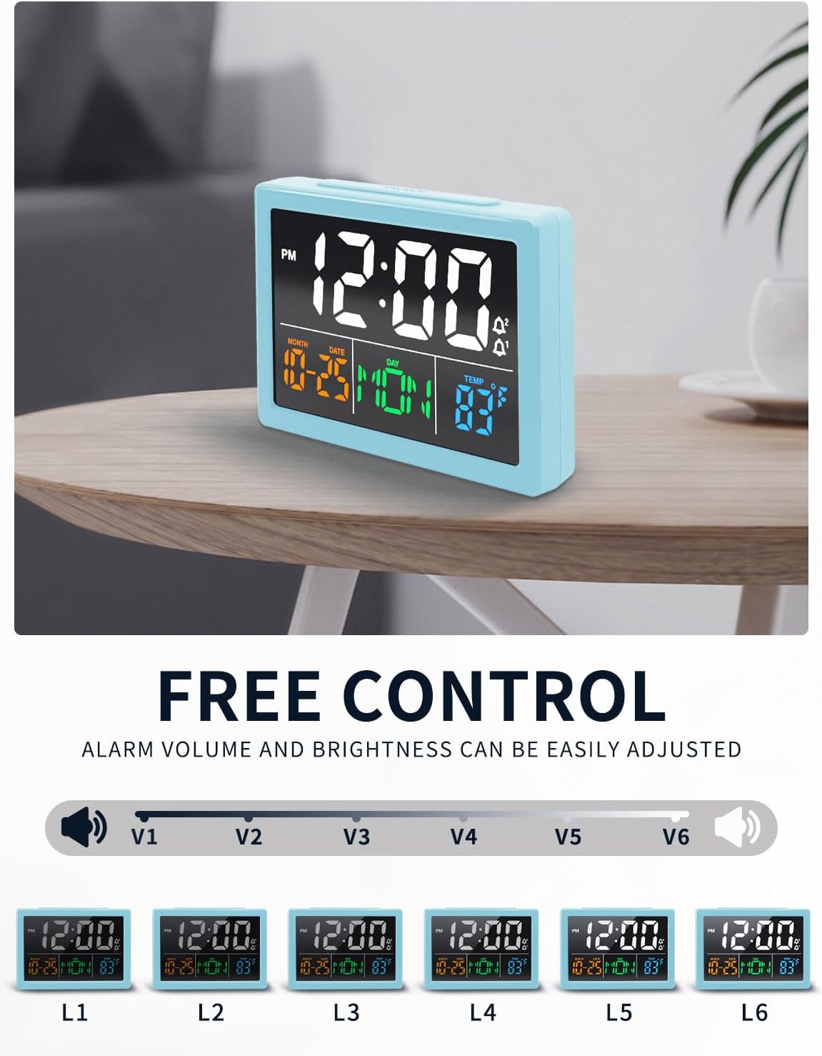Digital Alarm Clock, with 5.5" Large LED Time Display, Adjustable Alarm Volume, 6 Level Brightness, Alarm Settings, USB Charger, Temperature Detect, Snooze, Clocks for Bedroom, Bedside, Desk, Blue