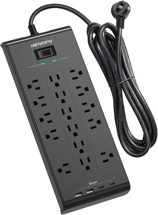 Power Strip 10 Ft, HANYCONY Surge Protector with 16 Outlets 4 USB Ports(2 USB C), Flat Plug Heavy Duty Extension Cord, 2700 Joules, Wall Mount for Home Office, ETL Listed, Black