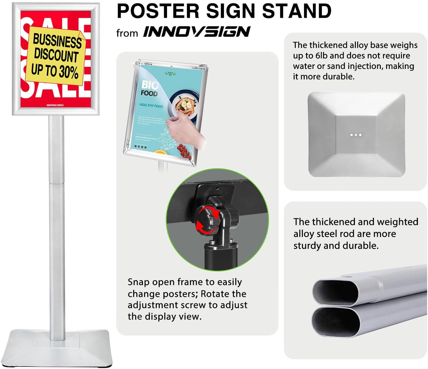 Heavy Duty Adjustable Pedestal Poster Sign Stand, 11x17 Aluminum Open Floor Standing Sign Holder for Vertical and Horizontal View Display, Silver