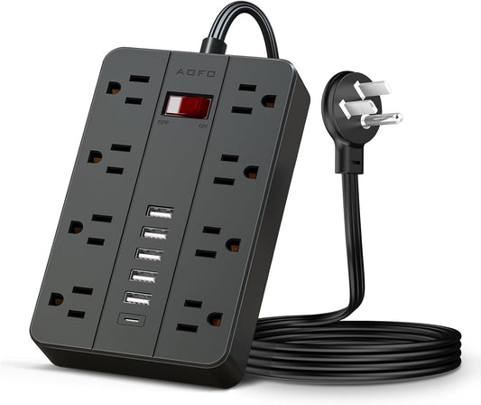 Surge Protector Flat Extension Cord Flat Plug Power Strip, AOFO 8 Widely Spaced Outlets and 6 USB Charger(1 USB C Port), 5 Ft, for Travel, Office, School, Dorm Room Essentials, Black