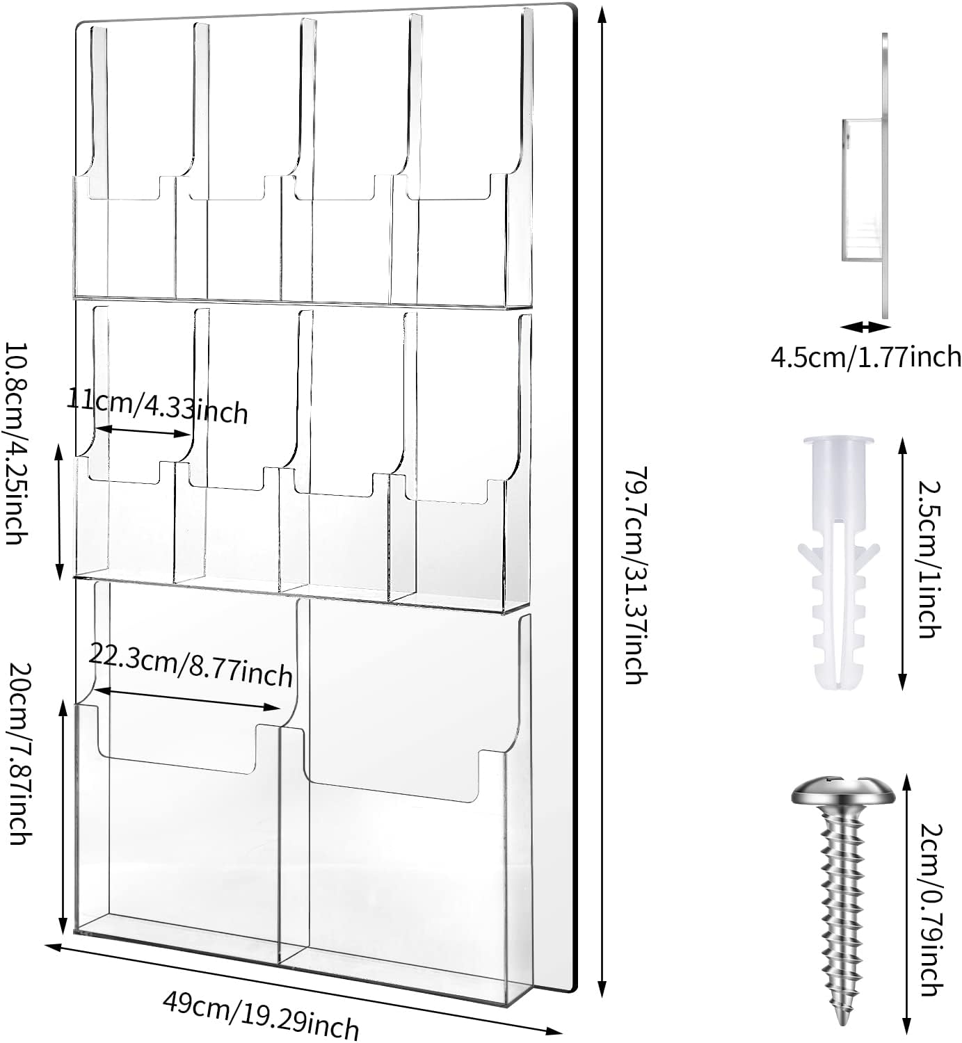 Weysat Acrylic Brochure Holder Wall Mount, Clear Plastic Pamphlet Holder Magazine Display Trifold Flyer Rack Hanging Literature Storage Organizer(2 Magazine Pockets, 8 Pamphlet Pockets)