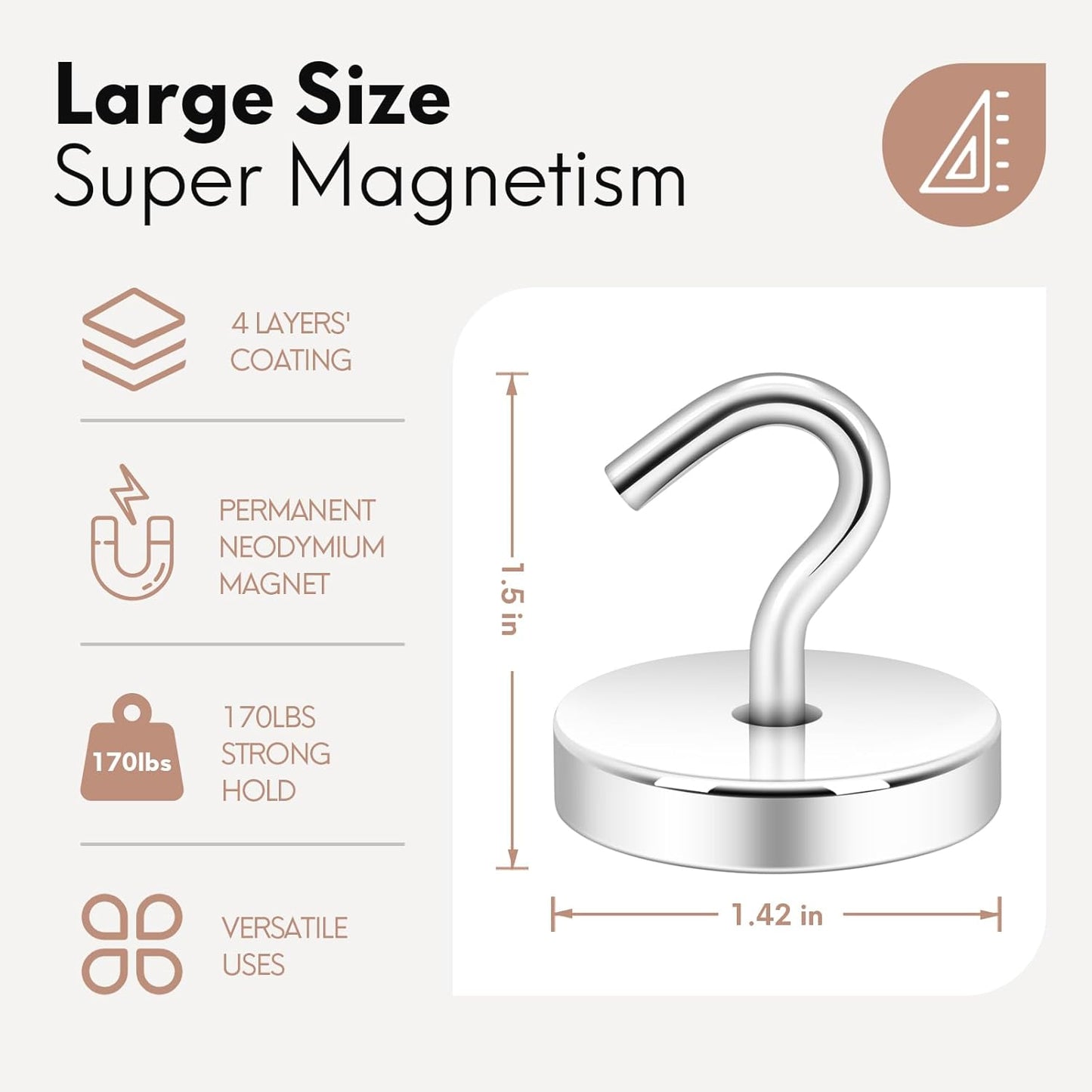 Neosmuk Magnetic Hooks, Heavy Duty 170lb+ Strong Magnets for Cruise Cabins, Ship Essentials, Large Metal Hooks for Hanging on Fridge(Silver,Pack of 4)