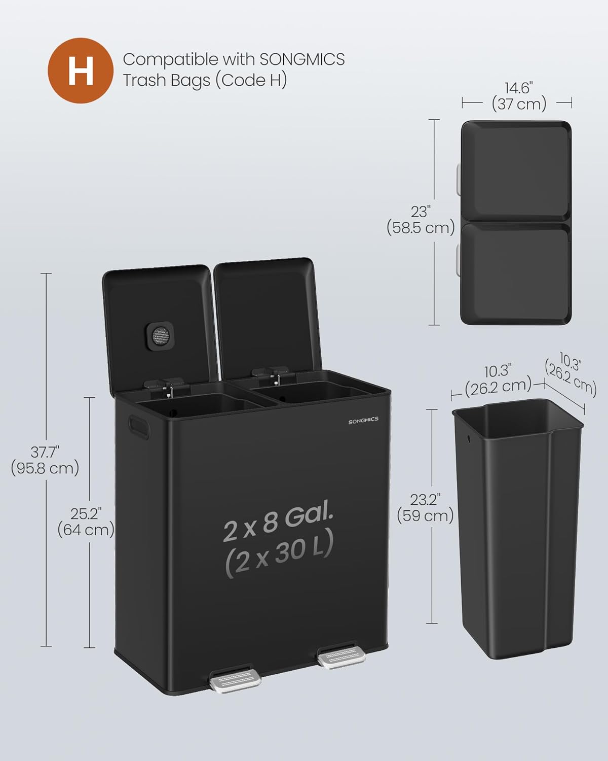 SONGMICS Trash Can, 2 x 8 Gallon (2 x 30 L) Double Garbage Can with Soft-Close Lids, Removable Inner Buckets, Pedals, Stainless Steel, for Waste and Recycling, Ink Black ULTB743B01