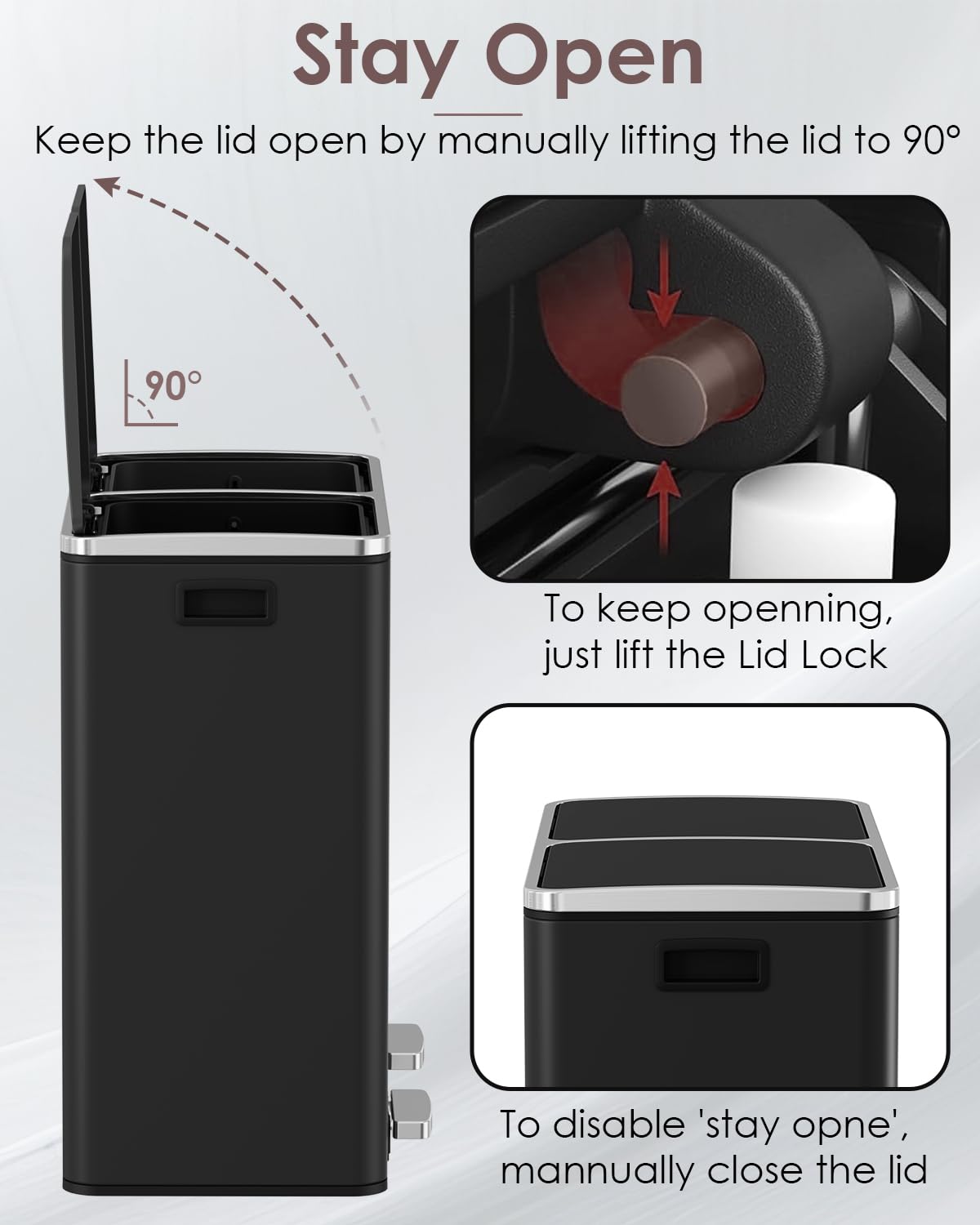 Arlopu 16 GallonStainless Steel Trash Can, 60L Dual Compartment, Metal Kitchen Step Recycle Bin, Metal Double Dustbin, in-Home Garbage Rubbish Can W/Removable Liner Buckets (Black)