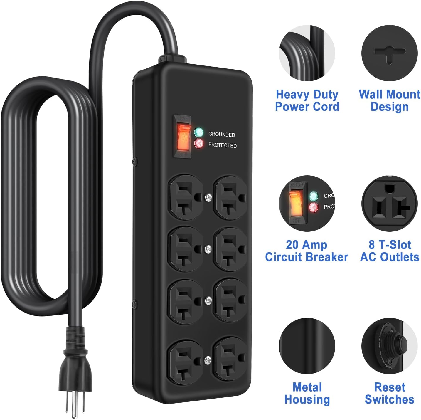 20Amp Power Strip Surge Protector, Durable Metal 8-Outlet with Heavy Duty 20 Amp 6Ft 12 Gauge Extension Cord, for Garage, Workshop & Industrial Use with 6-20R T-Slot Outlets, 4800J