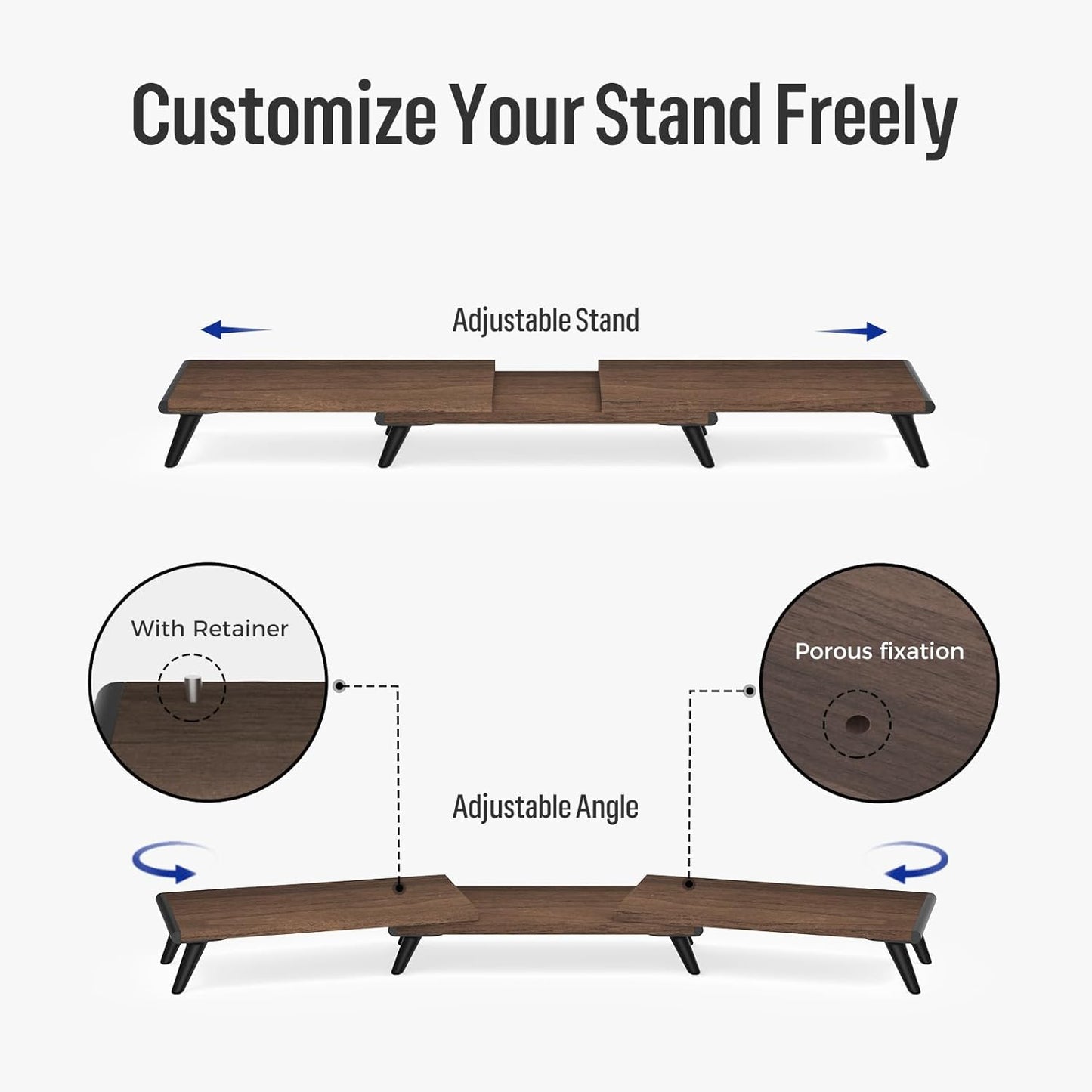 loukin Dual Monitor Stand Riser for Desk, 43.6"*8.2"*3.2" Large Computer Stand for 2 Monitors, Laptop, Printer, Length and Angle Adjustable Computer Shelf, Home Office,Max 43.6" Length(Brown)