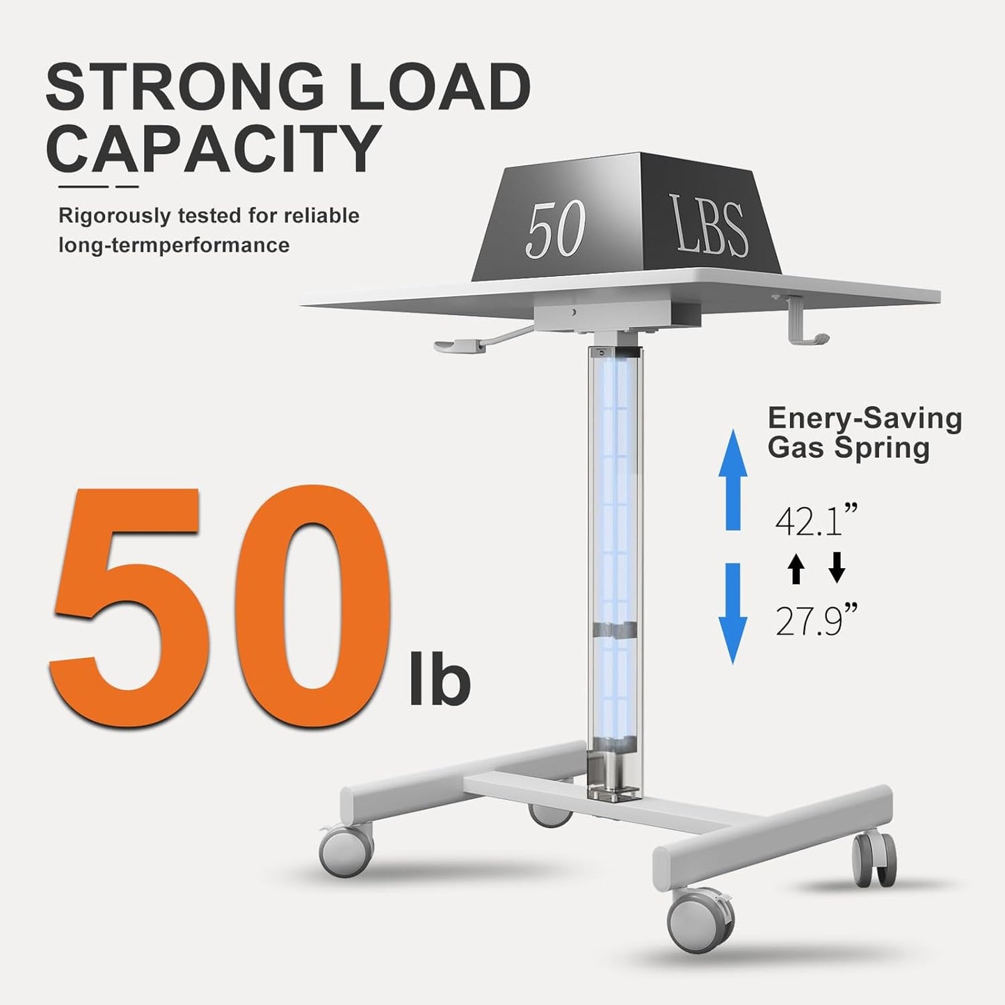 Mobile Small Standing Desk, Gas Spring Adjustable Height Rolling Portable Laptop Desk with Lockable Wheels, Computer Workstation, Rolling Podium (White, 17.8 * 25.5)