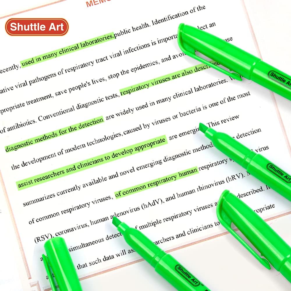 Shuttle Art Highlighters, 30 Pack Green Highlighters Bright Colors, Chisel Tip Dry-Quickly Non-Toxic Highlighter Markers for Adults Kids Highlighting in Home School Office