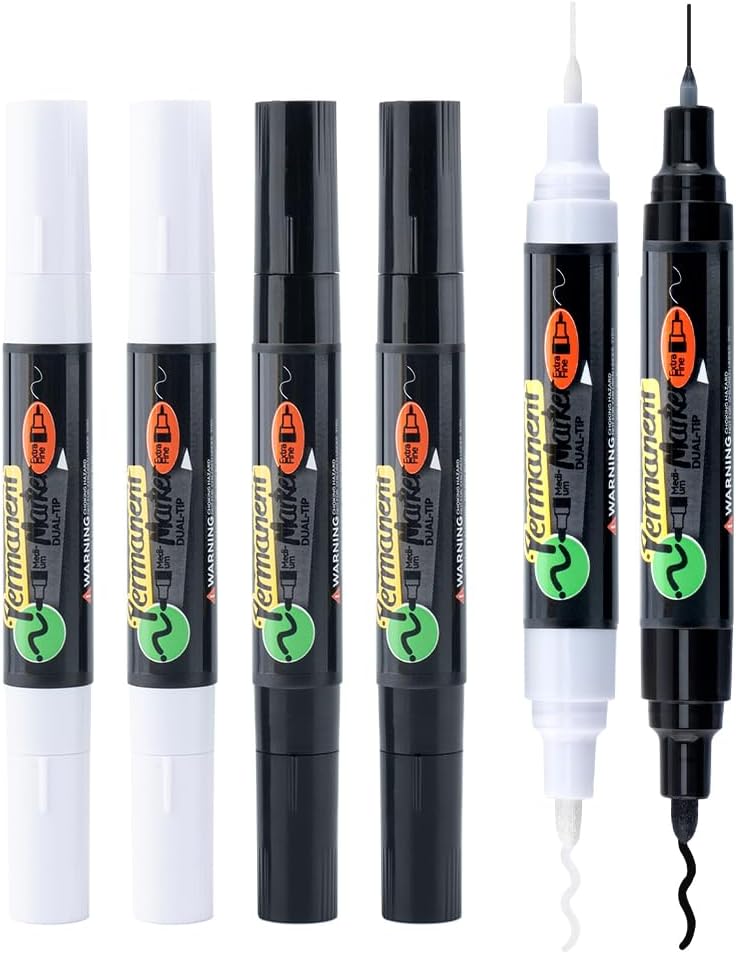 TRANSON 2 Black and 2 White Dual-tip Permanent Paint Markers Oil Based Waterproof