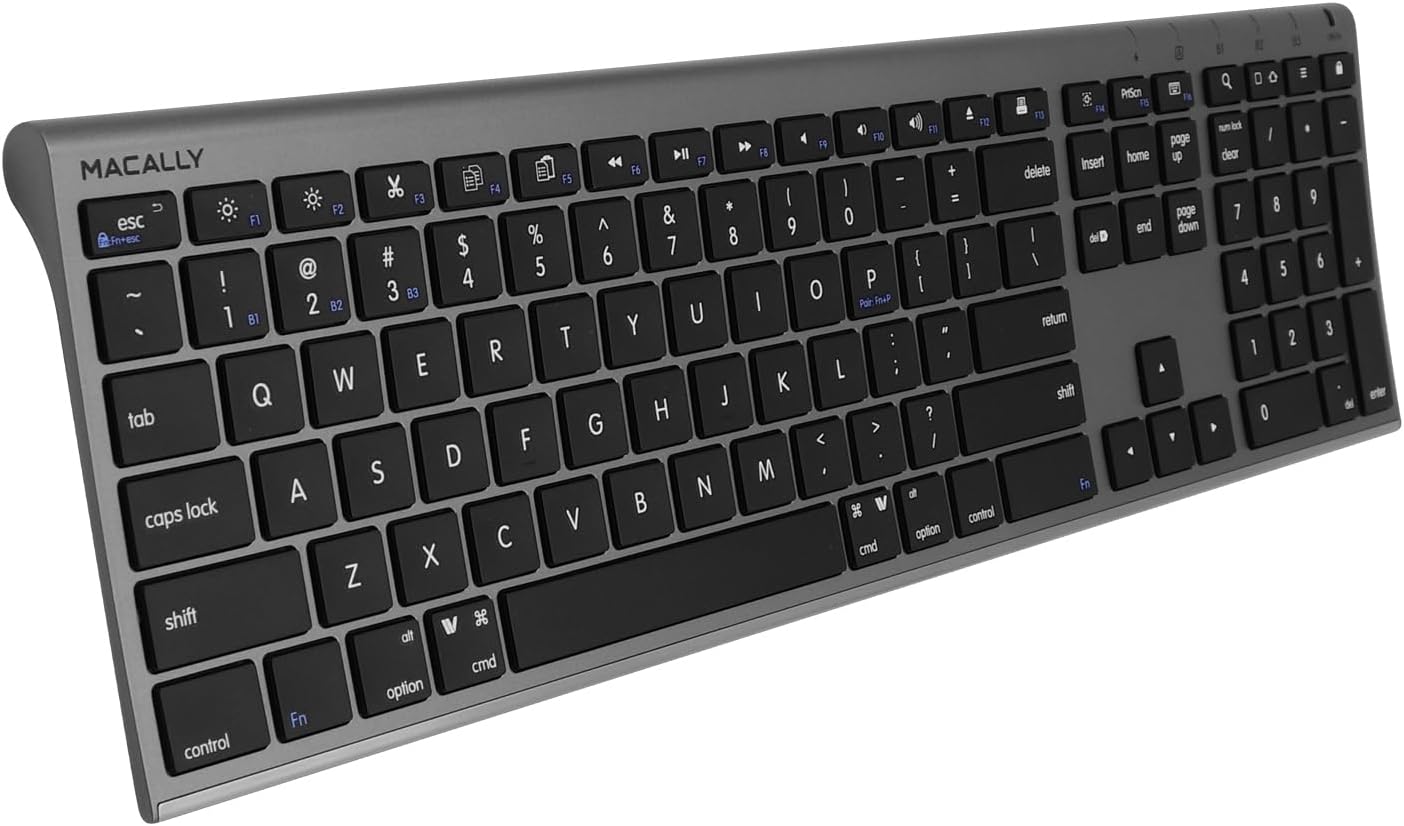 Macally Wireless Bluetooth Keyboard for Mac - Compatible Apple Keyboard or MacBook Pro/Air, iMac - Multi-Device, Up to 3 Devices with 110 Keys, 20 Shortcuts, Numeric Keypad, and Rechargeable