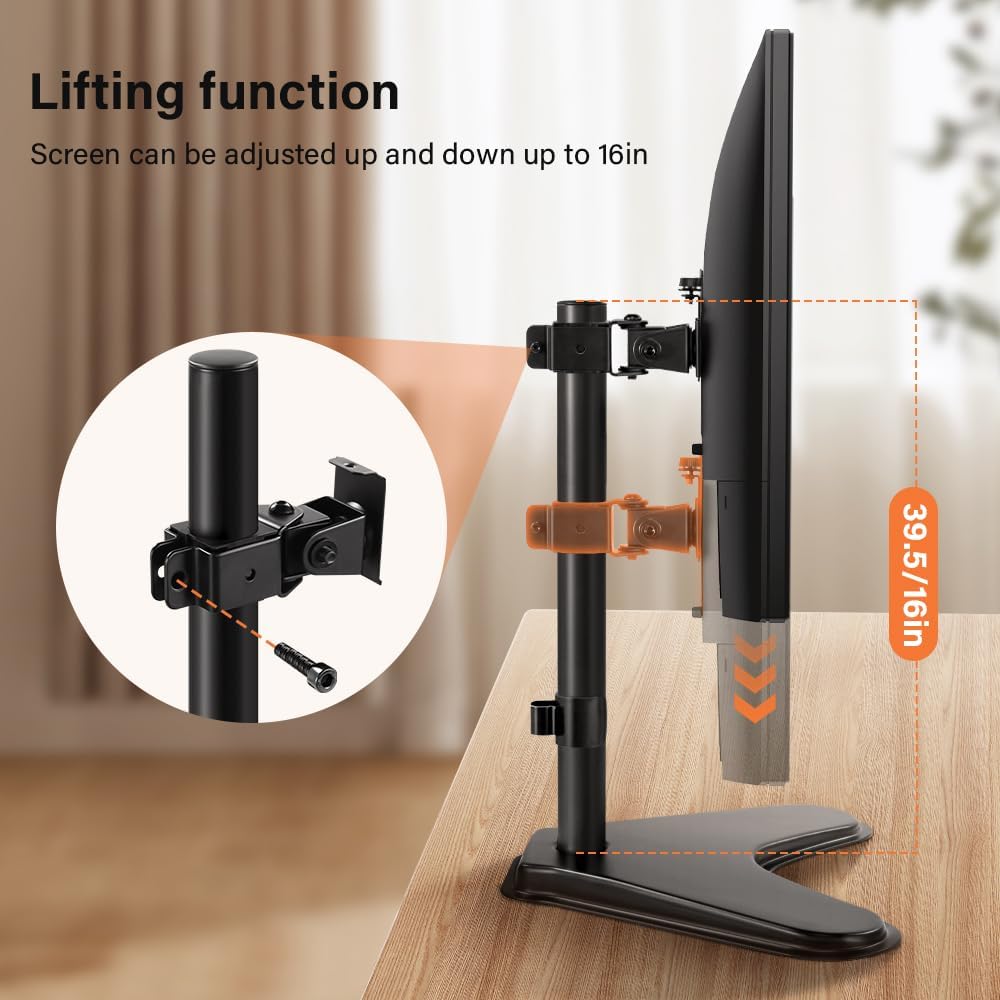 KKTONER Single Computer Monitor Stand Metal Base Free Standing Desk Vesa Mount for 13 inch to 32 inch Screen Height Adjustable Monitor Mount Full Motion Swivel Vesa 75*75mm/100*100mm Hold up 17.6Lbs