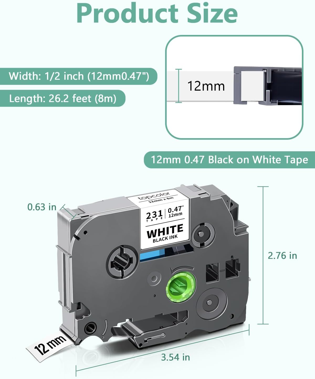 5-Pack Tze Tz Tape 12mm 0.47" White Compatible for Brother 12mm 0.47" Laminated White Tze-231 Tz231 P Touch Label Tape 12mm 1/2" for PT-D210 PT-D202 PT-D220 PTD410 PTD600 PTD400 PT2430
