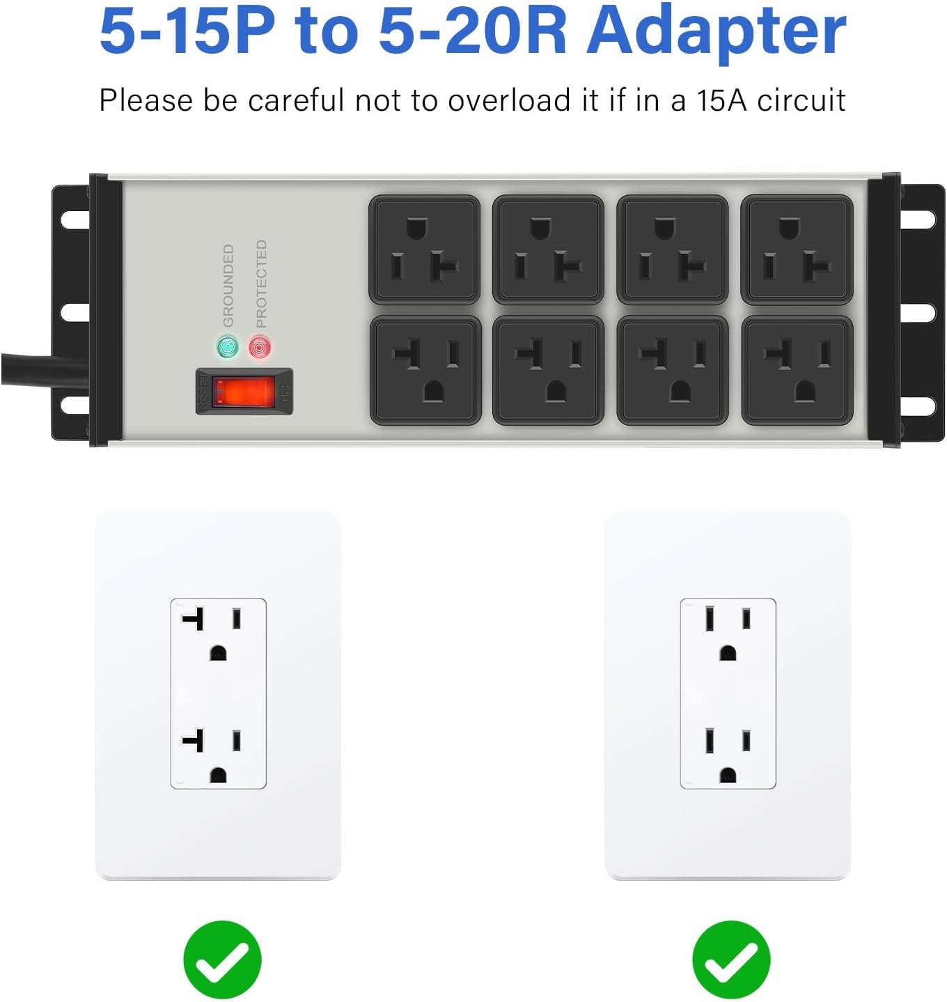 CCCEI Grey Heavy Duty Power Strip Surge Protector 20 AMP, 8 Outlets 12 Gauge Industrial Shop Garage Metal Multiple Outlets, 12 FT Extension Cord 5-15P Adapter High Amp 6-20R T-Slot 20a for Appliance