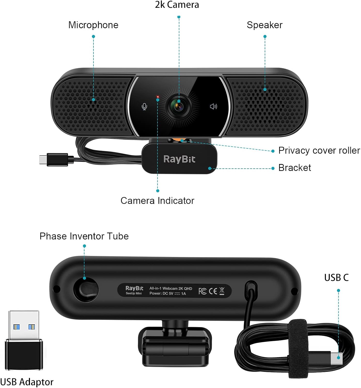 3 in 1 Webcam - 2K HD USB C Webcam with Microphone and Speaker, Stereo Sound & Noise-Cancelling Mics, Privacy Cover, Light Correction, Autofocus Conference Web Camera for Computer/Laptop/PC/Monitor