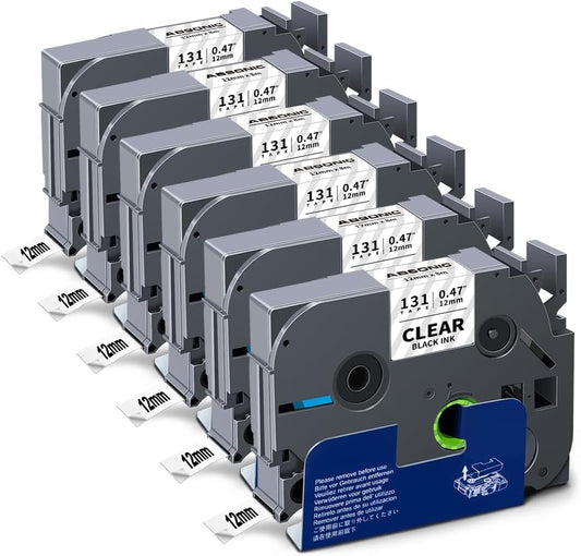 Absonic 6-Pack 12mm 0.47 Laminated Clear Tape Compatible for Brother TZe-131 TZe131 Label Tape 1/2 Tze Label Tape for Brother Ptouch PT-D210 PT-D220 PT-H111 PT-H100 PT-D400 Label Maker, Black on Clear