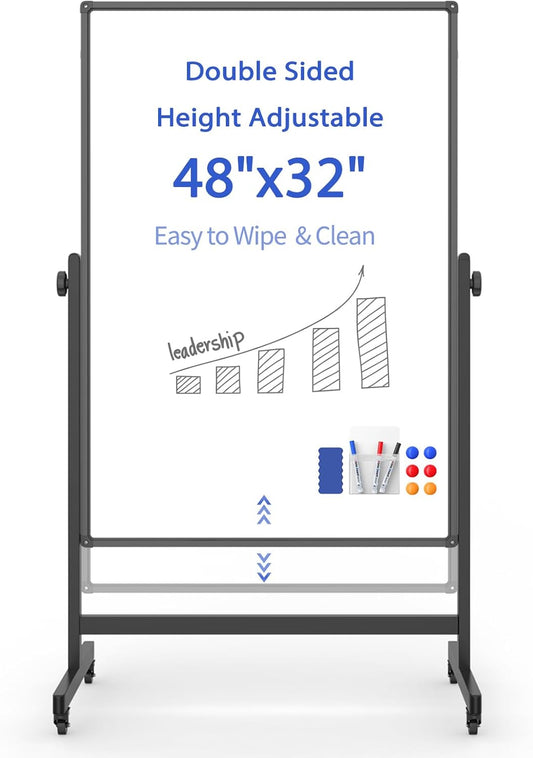 Rolling Whiteboard on Wheels, Double-Sided Magnetic Dry Erase Board with Stand, Mobile White Board for Office, Classroom, Home (32" x 48")