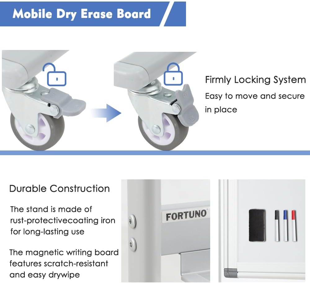 FORTUNO Large Magnetic Mobile Whiteboard 60"x48", Rolling Double Sided Stand Whiteboard on Wheels, Reversible Adjustable Height/Angle Dry Erase Board 5' x 4' Easel White Board for Office Classroom