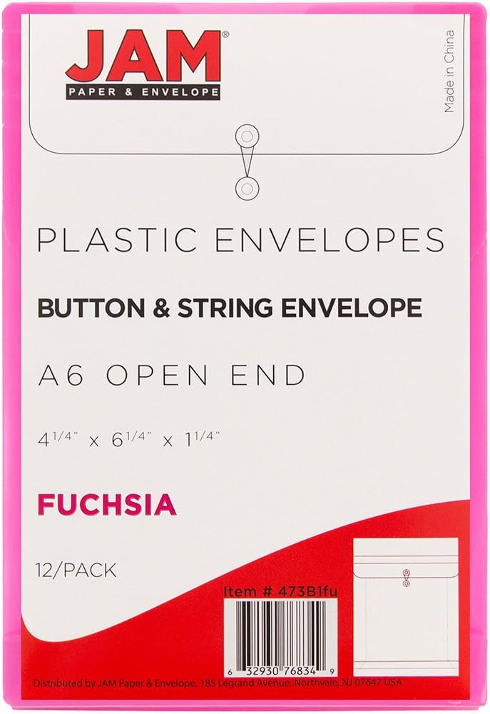 JAM PAPER Plastic Envelopes with Button & String Tie Closure - 4 1/4 x 6 1/4 - Fuchsia Pink - 12/Pack