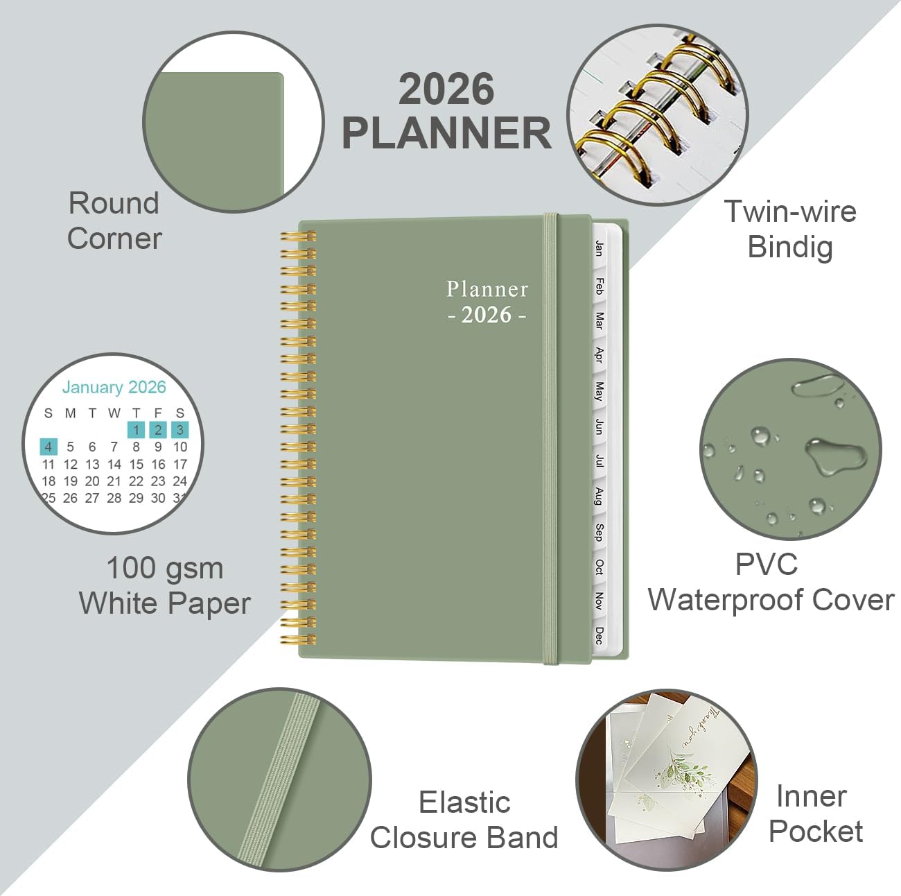 2026 Planner - Planner 2026 from January 2026 - December 2026, Weekly & Monthly Planner Spiral Bound with 12 Monthly Tabs, Inner Pocket, 6.4" x 8.5", Green-E