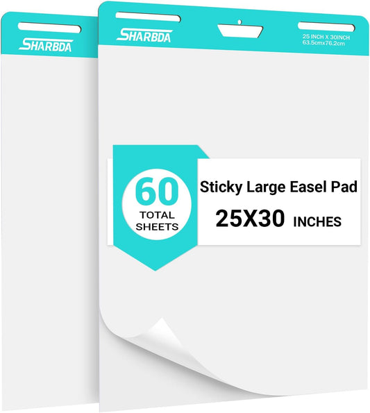 Sticky Easel Pad, 25 in x 30 in,Flip Chart Paper,Sticky Chart Paper for Teachers, Large Self-Stick Easel Paper,Super Sticky & Bleed-Resistant,30 Sheets/Pad,2 Pads