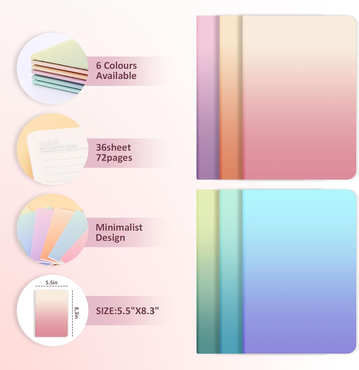 Ddaowanx Kraft Notebooks, Journals in Bulk, Lined Paper, 72 Pages, 36 Sheets, 80GSM, 8.3x5.5 Inch, A5 Size, Travel Writing Notebook for Office School Supplies (Lined-48pack, Gradient)