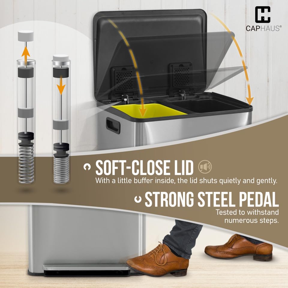 CAPHAUS Black Dual Trash Can w/Single Lid, Trash & Recycle Bins Combo, Hands-Free Stainless-Steel Garbage Can for Kitchen, with 2 Compartment, Hinged Lid, Odor Filters, Handles, 25L+25L, 2 x 6.6 Gal