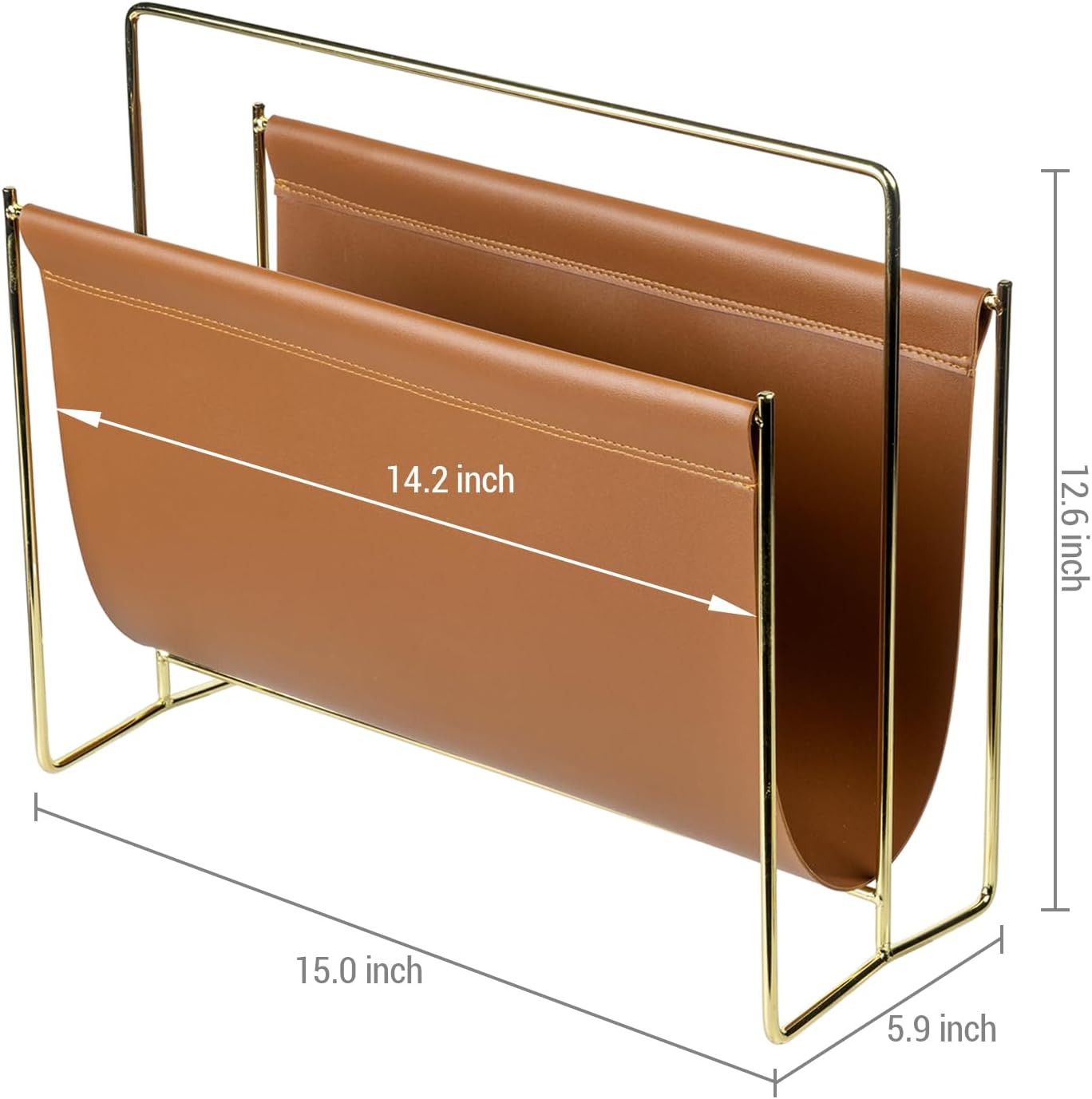 MyGift 15-Inch Modern Brown Leatherette & Brass Plated Metal Magazine Holder – Floor Standing Faux Leather Sling Style Newspaper Rack for Home, Bathroom, Office Decor