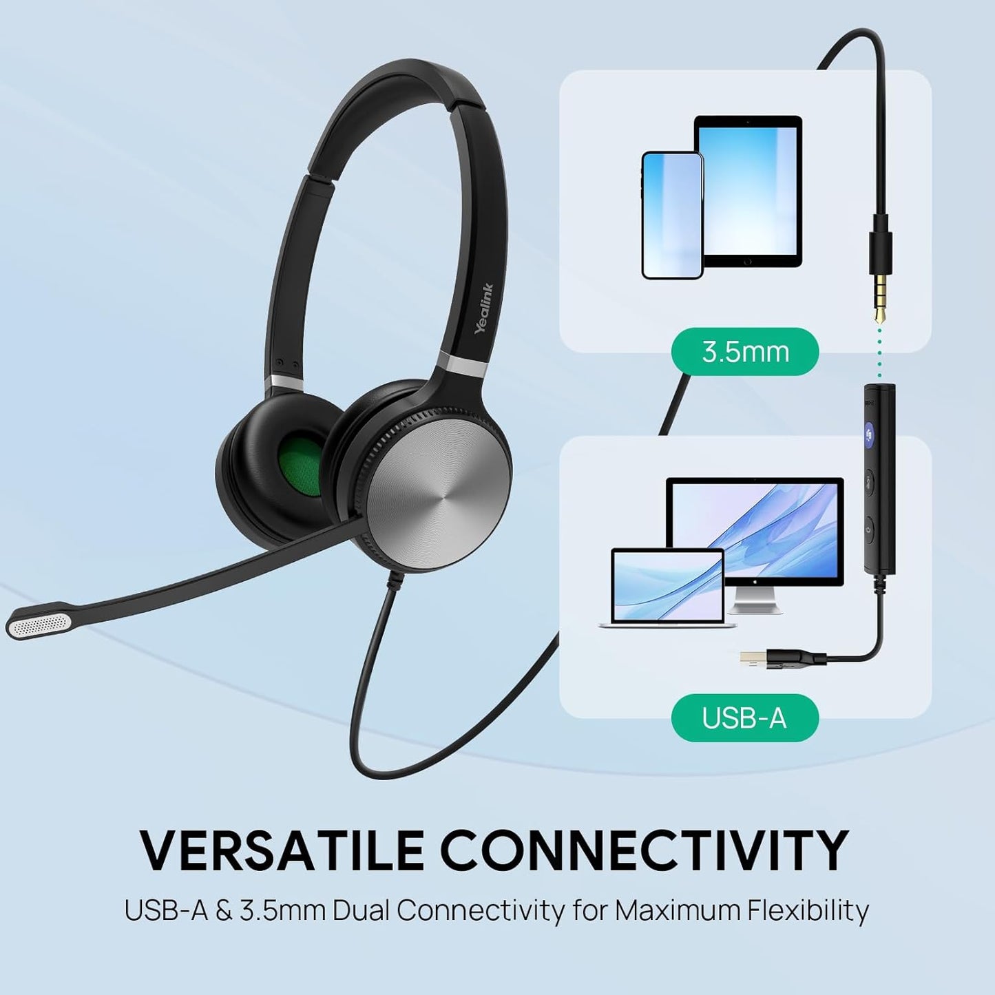 Yealink UH36 Professional USB Headset, Wired Headphones for Work Calls and Music, Headset with Noise Cancelling Mic for Computer PC Laptop（for Teams Certified, Mono,3.5mm Jack/USB Connection）