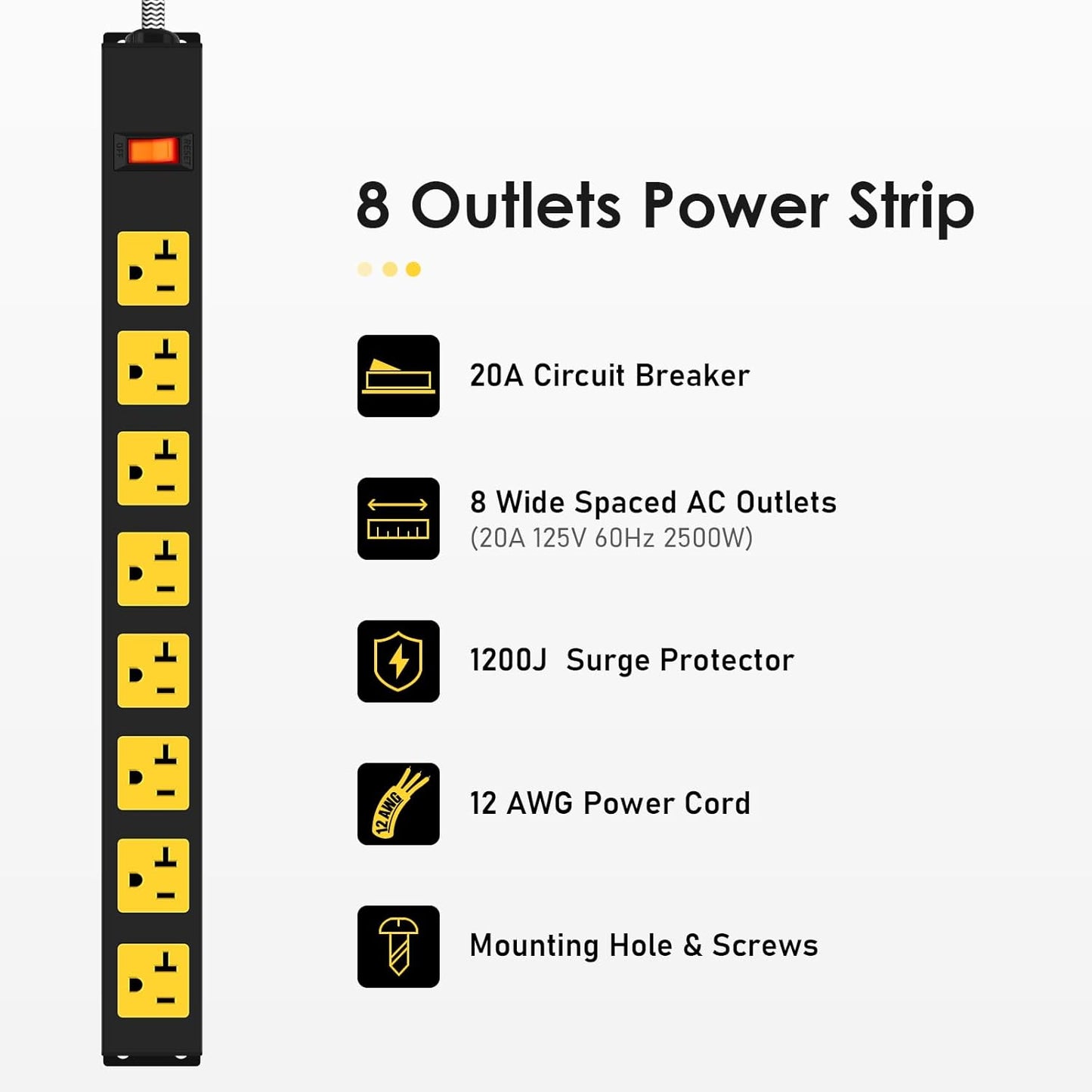 20Amp Power Strip Surge Protector, Long Metal 8-Outlets with Heavy Duty 20 amp 6Ft 12 Gauge Extension Cord for Garage Workshop & Industrial Use, 1200J