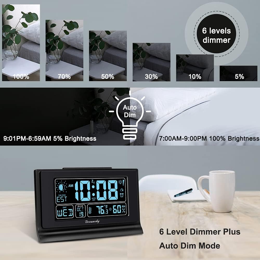 DreamSky Alarm Clocks for Bedrooms with Battery Backup, Auto Set Digital Clock with Date and Day of Week, Indoor Temperature Humidity, Moon Phase, Dimmer, Auto DST, USB Port