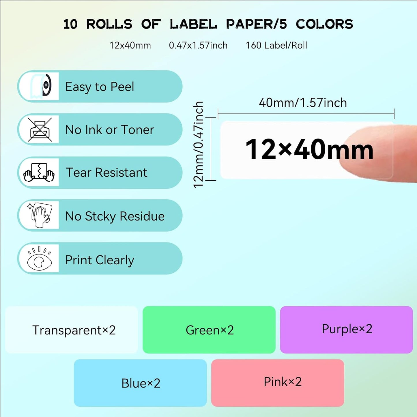 D30 P21 Label Maker Tape Refill 12mm×40mm(0.47"x1.57") Sticker, Laminated Thermal Label Tape Replacement, 1650 Labels/10Rolls, High Definition Labeling Tape for Home Office School Hotel