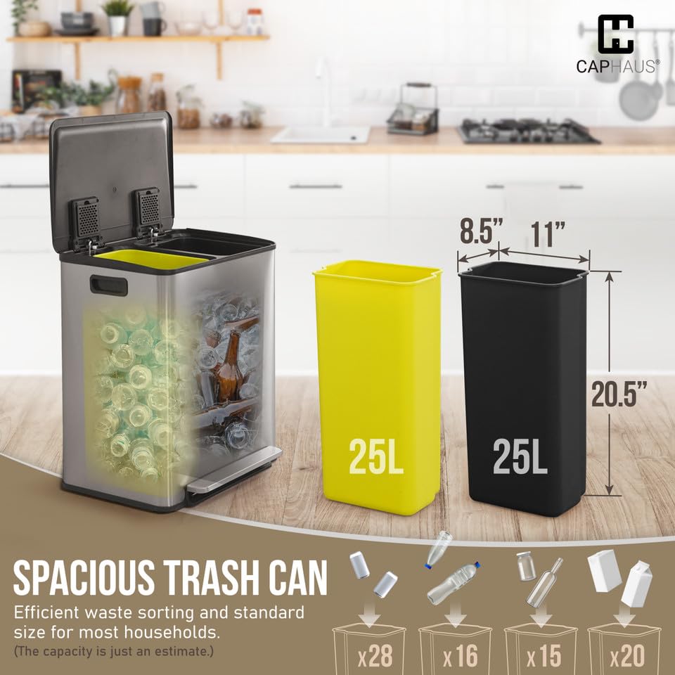 CAPHAUS Black Dual Trash Can w/Single Lid, Trash & Recycle Bins Combo, Hands-Free Stainless-Steel Garbage Can for Kitchen, with 2 Compartment, Hinged Lid, Odor Filters, Handles, 25L+25L, 2 x 6.6 Gal