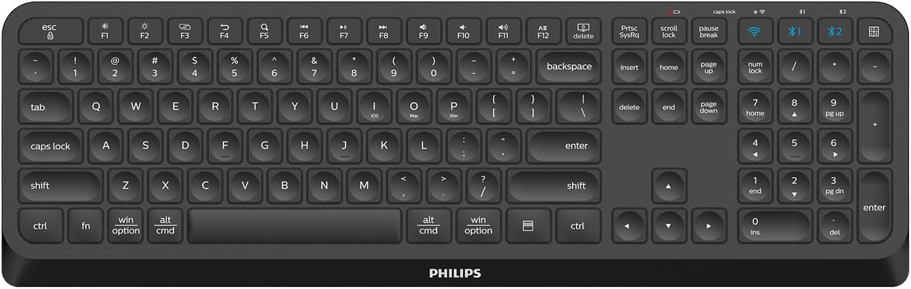 PHILIPS Professional Wireless & Bluetooth Keyboard - Standard-Layout Keyboards with 2.4GHz USB-Receiver, 3-Channel,Ergonomic & Quiet Design, Comfortable & Efficient for PC/Laptop/Pad