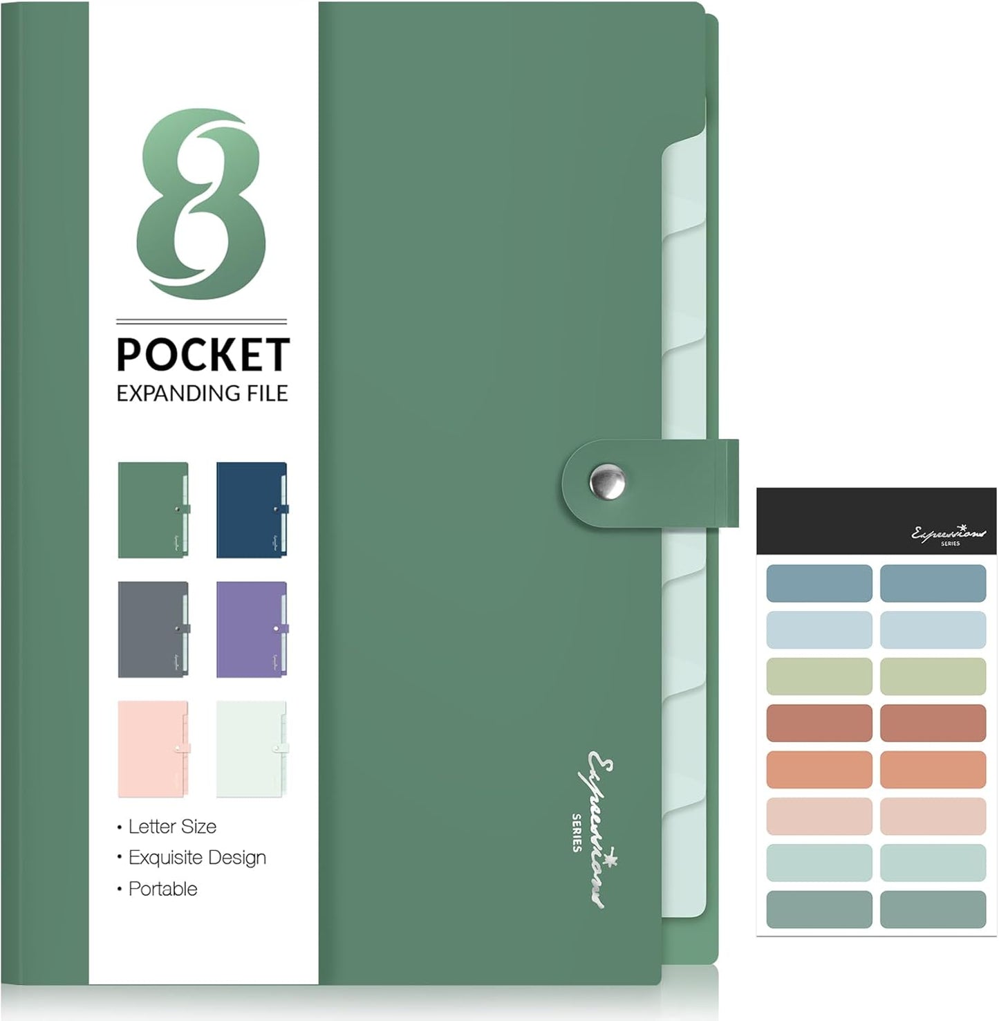 Sooez Elegant Accordion File Organizer, 8 Pocket Expanding File Folders with Labels, Portable Folder for Documents, Cute Paper Organizer for School Office Supplies, Letter Size, Dark Green