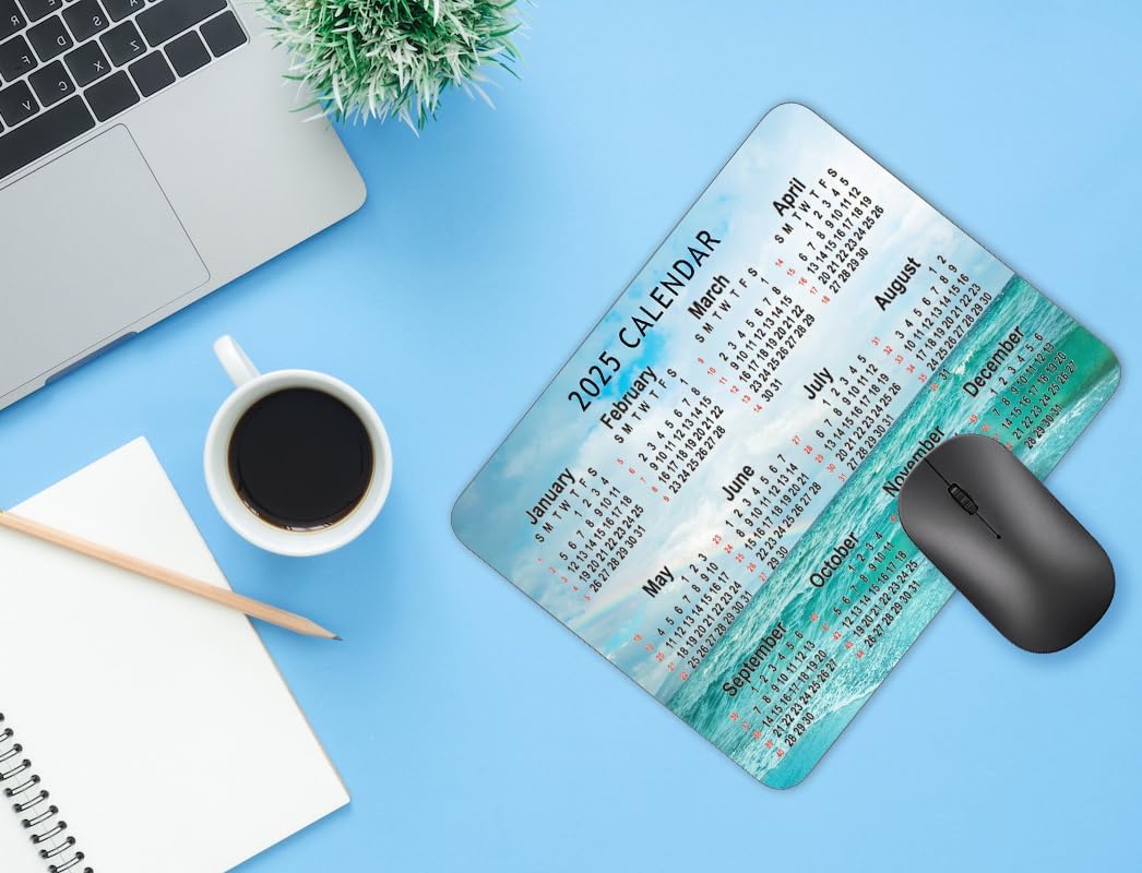 Calendar Mouse pad, 2025 Calendar Seawater Background Natural Rubber Quality Creative Gaming Mouse Pad Rectangle Mouse Personalized Desk Mouse Pad 9.5 inch x 7.9 inch