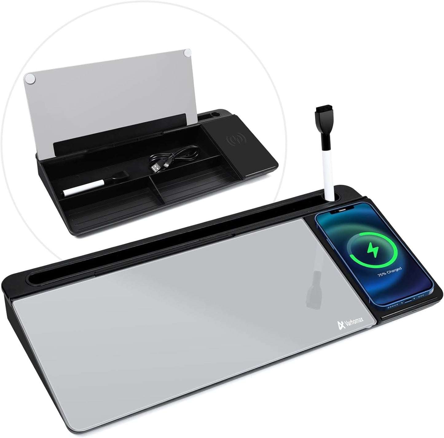 Varhomax Glass Desk Whiteboard with Wireless Charger, Desktop Organizer Dry Erase White Board with Storage, to Do List Memo Notepad for Home and Office Supplies (Black & Gray)