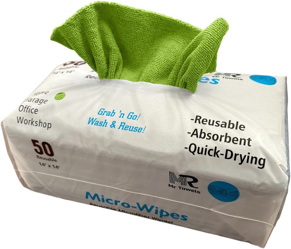Reusable Microfiber Wipes, 50 Packs, Size 14 inches x 14 inches (Green)