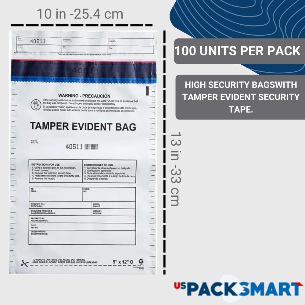 10”x13" Clear Plastic Deposit Bags with Security Tape Tamper Evident - Secure Bank Deposits, Cash Handling, & Currency Transport | Self-Sealing Tape with Hidden Graphics | 100-Pack